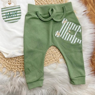 Conj. de Malha 3 peças - Bear Baby Listrado - Verde e Off White